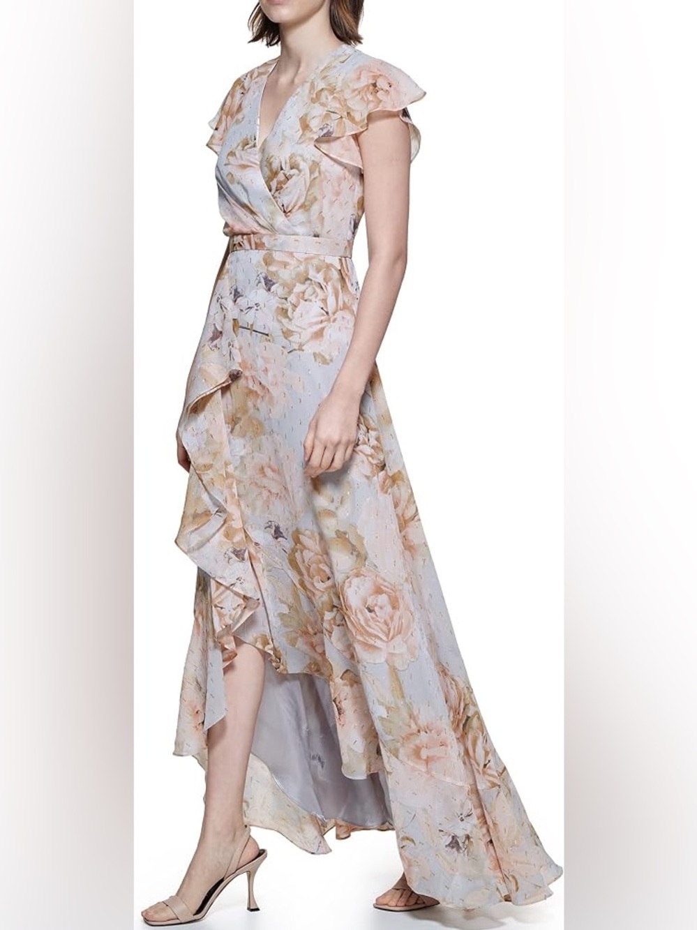 Calvin Klein Blush Floral High-Low Ruffle Maxi Dress